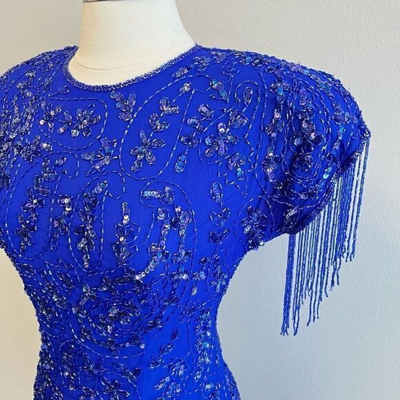 VTG Stenay Women 4 100% Pure Silk Royal Blue Beaded Fringe Elegant Flapper Dress - Picture 3 of 15